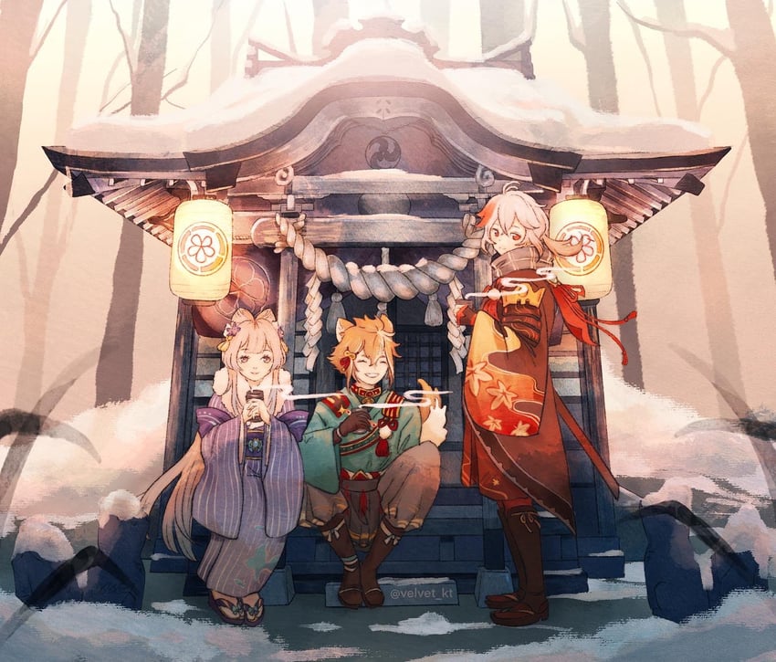 sangonomiya kokomi, kaedehara kazuha, and gorou (genshin impact) drawn by velvet_kt