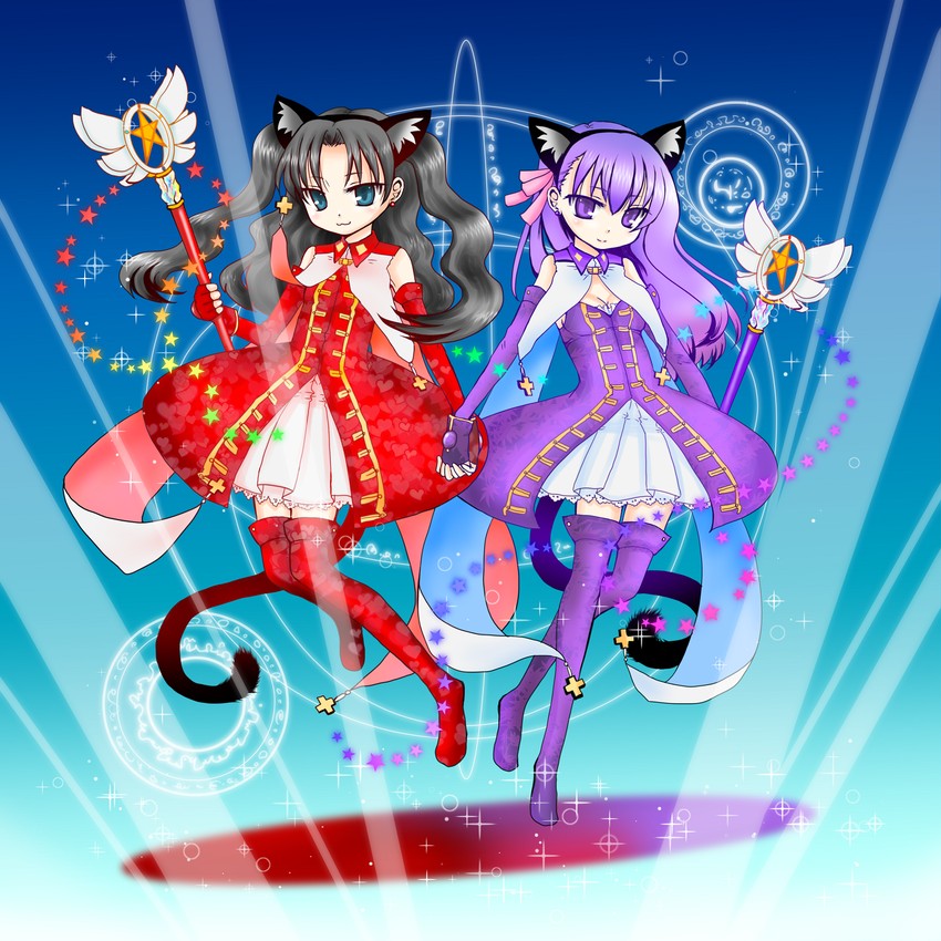 tohsaka rin, matou sakura, magical ruby, and kaleido ruby (fate and 1 more) drawn by hatomilkyt