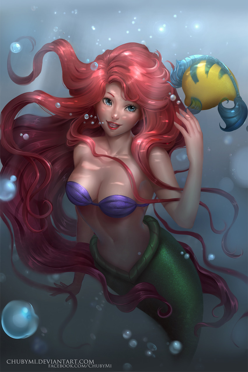 ariel and flounder (the little mermaid) drawn by chuby_mi
