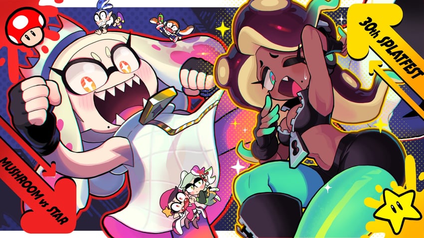 inkling player character, inkling girl, inkling boy, marina, pearl, and 2 more (splatoon and 2 more) drawn by gashi-gashi