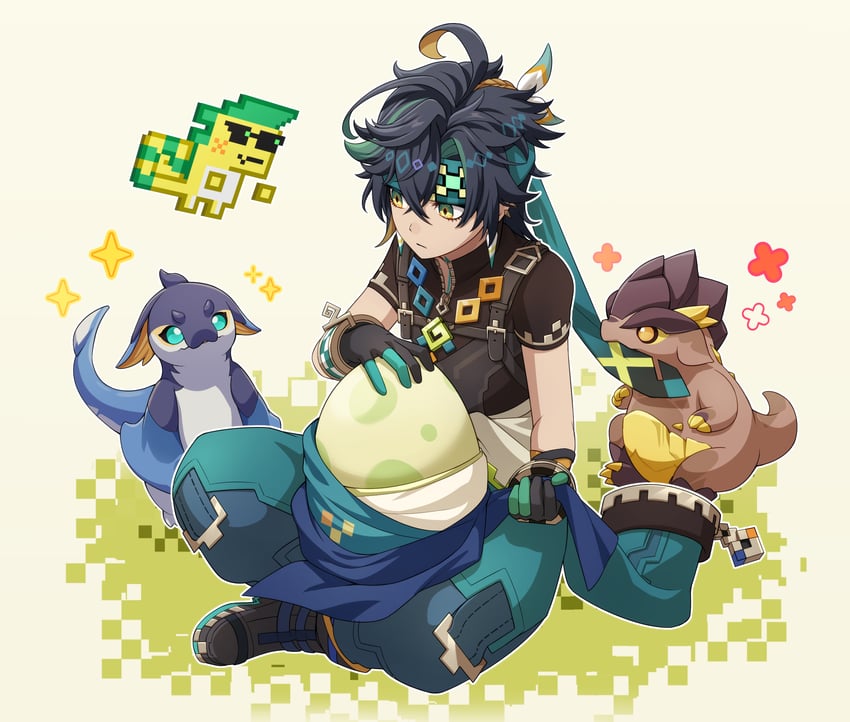 kinich, ajaw, tepetlisaurus, and koholasaurus (genshin impact) drawn by itsumiruka