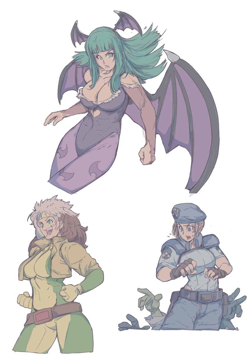 morrigan aensland, jill valentine, and rogue (marvel and 7 more) drawn by michel_teru