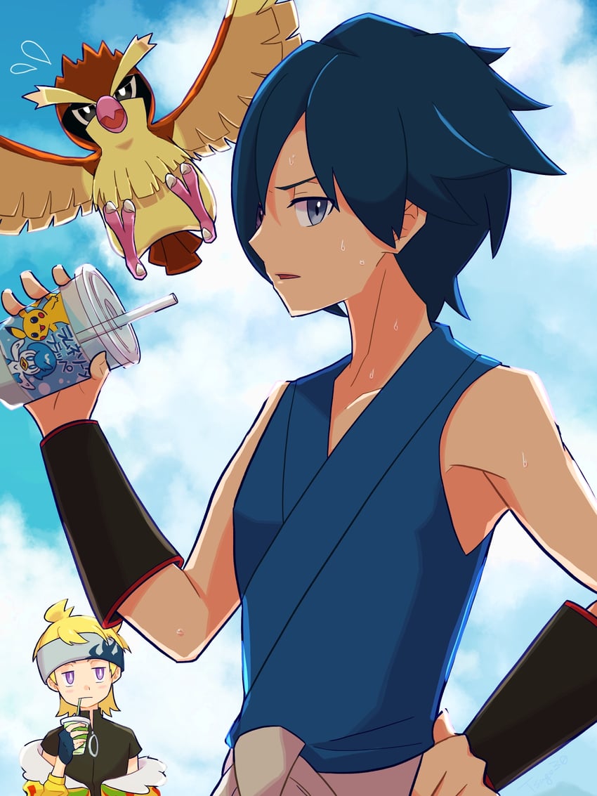 pikachu, quaxly, morty, pidgey, and falkner (pokemon and 2 more) drawn by tsugomori_(sprn303)