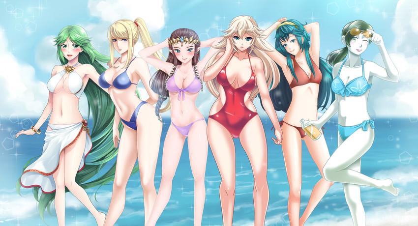 princess zelda, princess peach, samus aran, lucina, palutena, and 1 more (fire emblem and 9 more) drawn by hakkai, lin_(ryun_vell), tamamon, wasabi_(legemd), and yuino_(fancy_party)