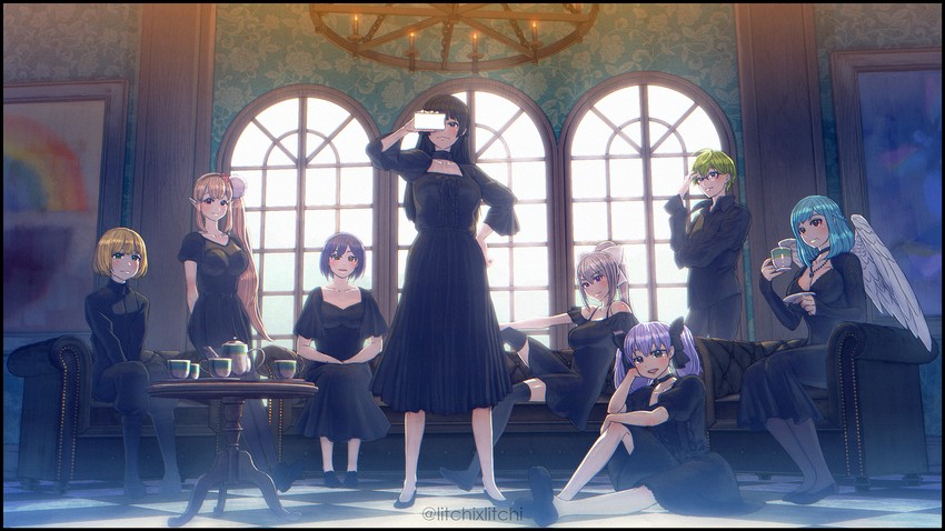 tsukino mito, higuchi kaede, shizuka rin, yuuki chihiro, elu, and 3 more (nijisanji) drawn by raichi_(litchixlitchi)