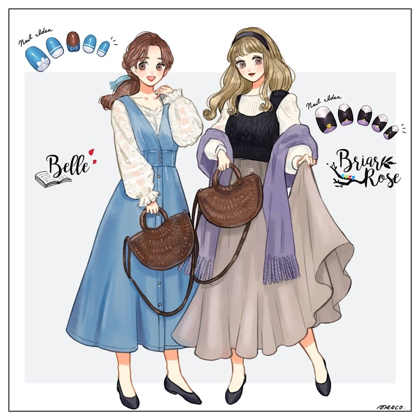 belle and aurora (sleeping beauty and 1 more) drawn by meecosme