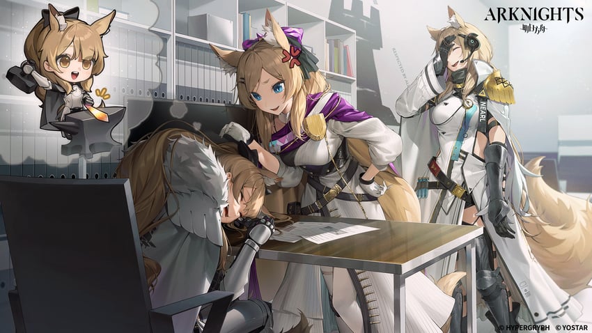 nearl, whislash, blemishine, and nearl the radiant knight (arknights) drawn by monoco55