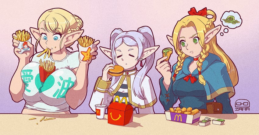 frieren, marcille donato, and elfuda (sousou no frieren and 5 more) drawn by tacozama