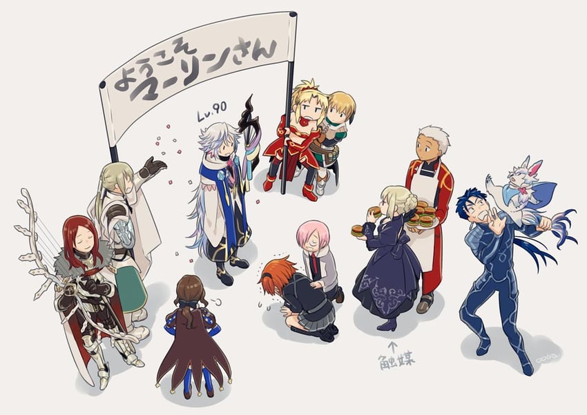 artoria pendragon, mash kyrielight, fujimaru ritsuka, saber alter, cu chulainn, and 8 more (fate and 1 more) drawn by ooba