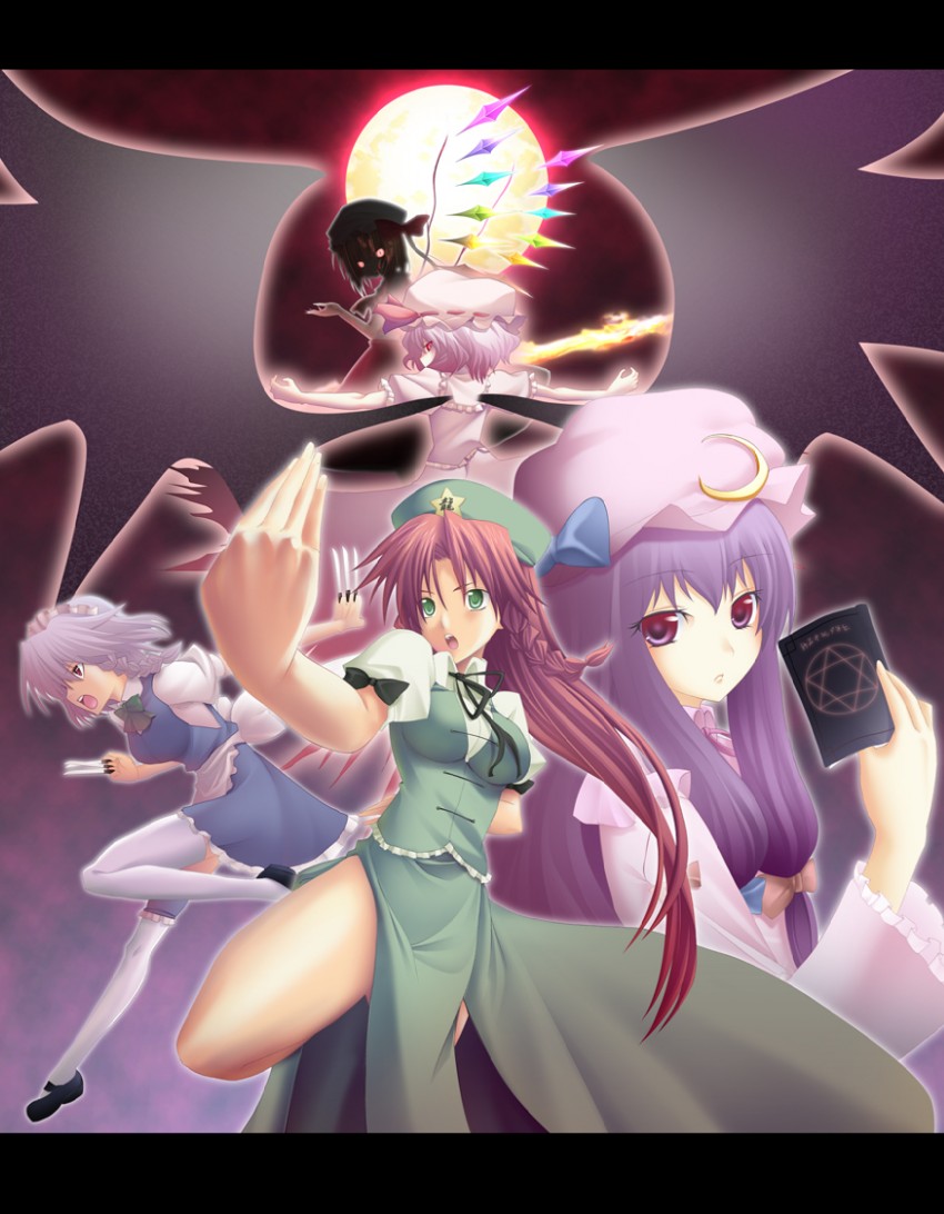 remilia scarlet, flandre scarlet, izayoi sakuya, patchouli knowledge, and hong meiling (touhou) drawn by any_(trueblue)