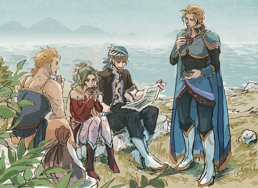 terra branford, locke cole, edgar roni figaro, and sabin rene figaro (final fantasy and 1 more) drawn by uedymummy0921