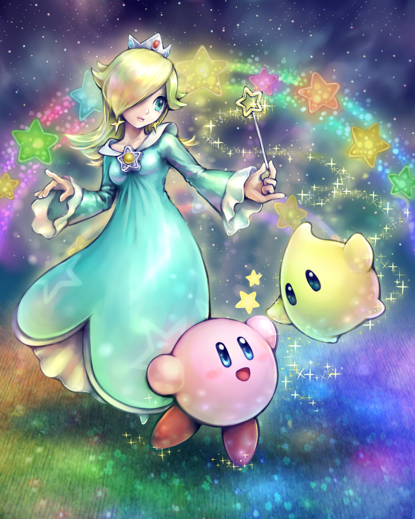 kirby, rosalina, and luma (mario and 3 more) drawn by moppu810