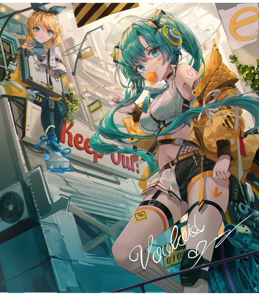 hatsune miku and kagamine rin (vocaloid) drawn by lujang_(fudge)