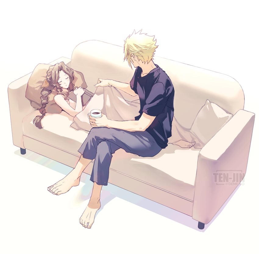 cloud strife and aerith gainsborough (final fantasy and 1 more) drawn by demi_co