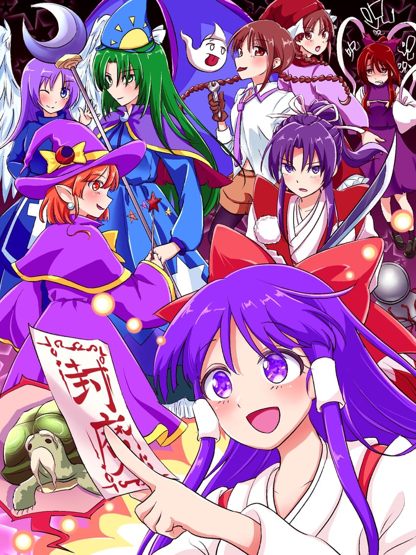 hakurei reimu, kirisame marisa, mima, meira, rika, and 6 more (touhou and 1 more) drawn by shimalice