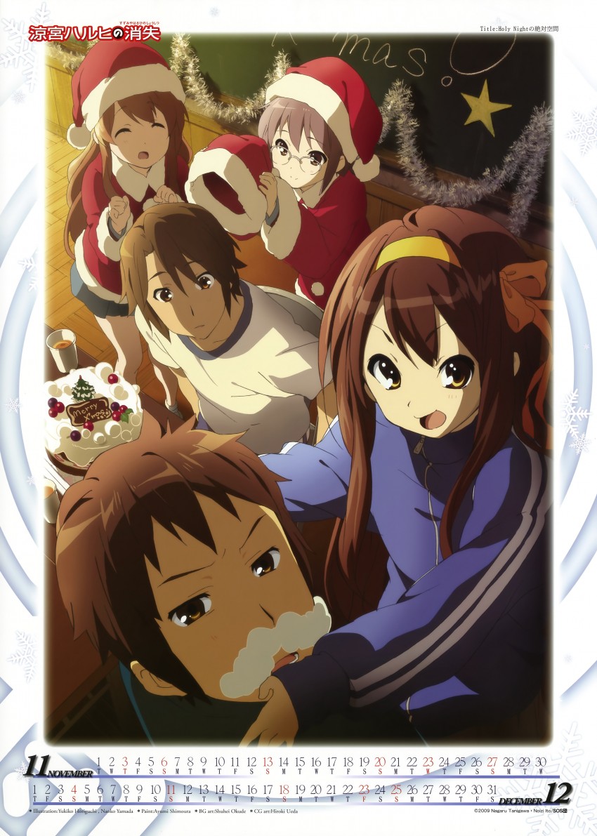 suzumiya haruhi, nagato yuki, asahina mikuru, kyon, and koizumi itsuki (suzumiya haruhi no yuuutsu and 1 more) drawn by horiguchi_yukiko and yamada_naoko