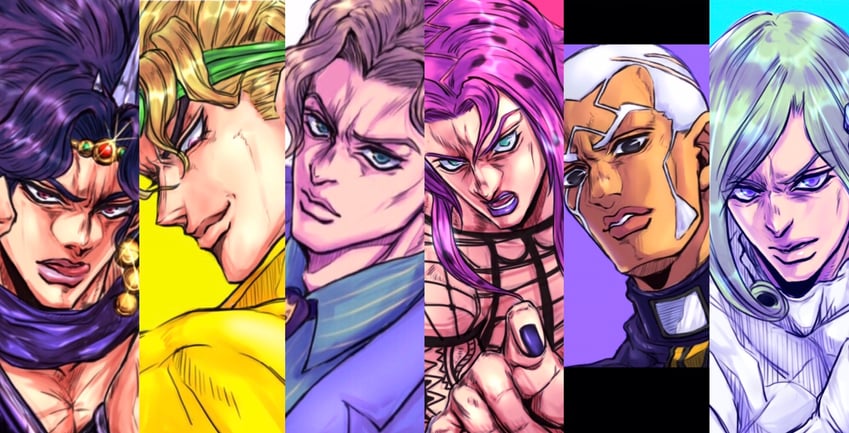 dio brando, kars, kira yoshikage, diavolo, enrico pucci, and 1 more (jojo no kimyou na bouken and 6 more) drawn by ruushii_(lucy_steel6969)