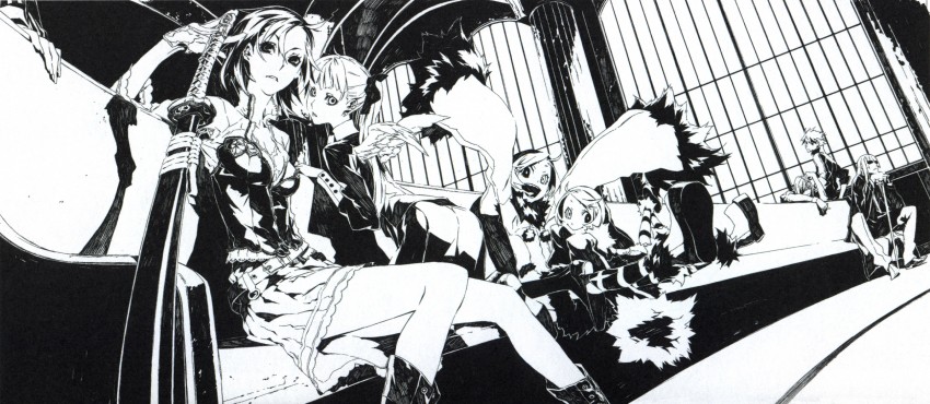 fuyumine naoto, haine rammsteiner, noki, luki, nill, and 1 more (dogs: bullets & carnage) drawn by miwa_shirow