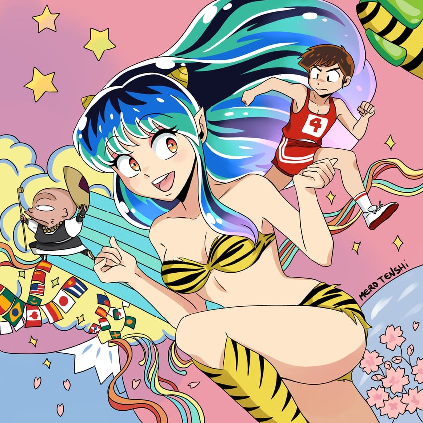lum, moroboshi ataru, and cherry (urusei yatsura) drawn by merotenshi