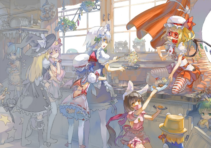 kirisame marisa, remilia scarlet, flandre scarlet, izayoi sakuya, alice margatroid, and 9 more (touhou) drawn by 77gl