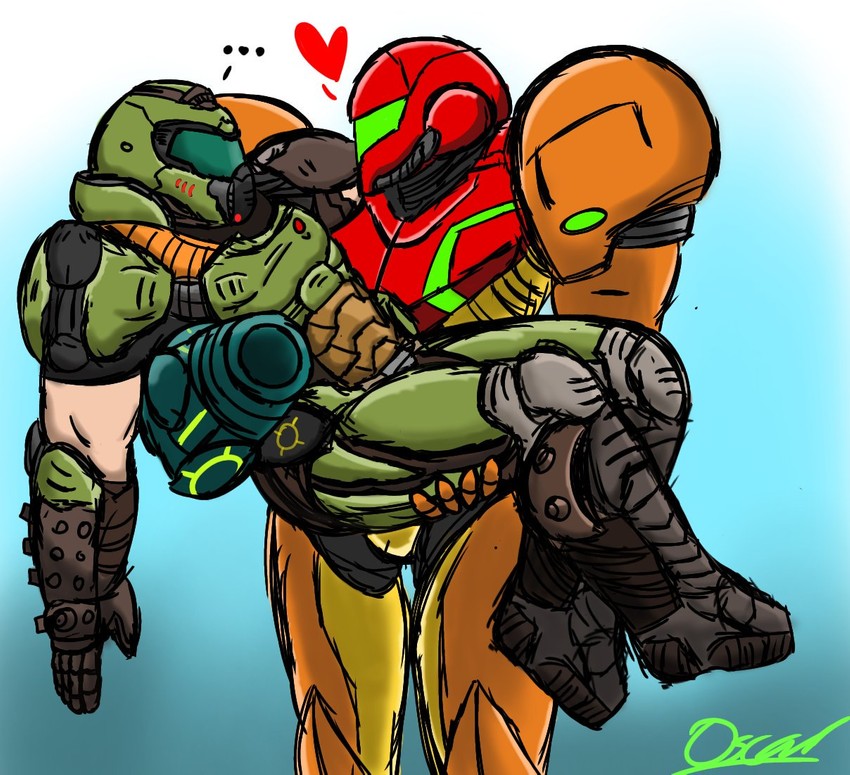 samus aran and doomguy (metroid and 2 more) drawn by oscar_(datonestarfox2)