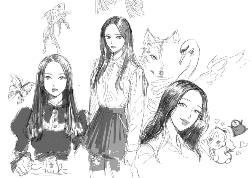 olivia hye, go won, chuu, and yves (real life and 1 more) drawn by onigiriloves2