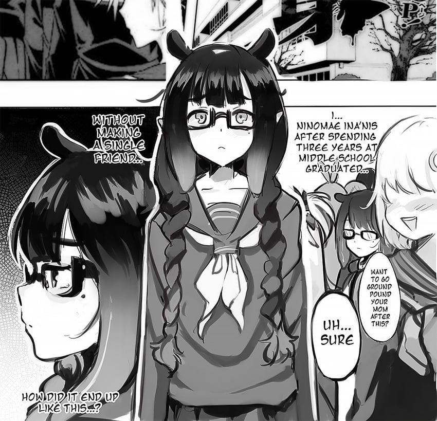 ninomae ina'nis, nanashi mumei, watson amelia, hakos baelz, and yoshida saki (hololive and 2 more) drawn by koahri
