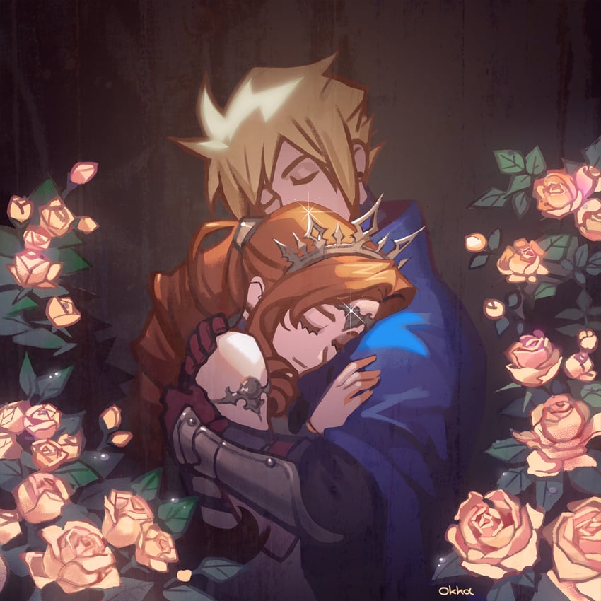 cloud strife and aerith gainsborough (final fantasy and 3 more) drawn by okha