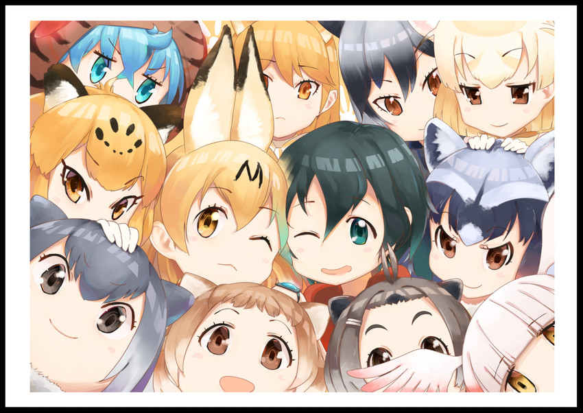 serval, kaban, common raccoon, fennec, silver fox, and 7 more (kemono friends) drawn by ranpu_(kariudo)