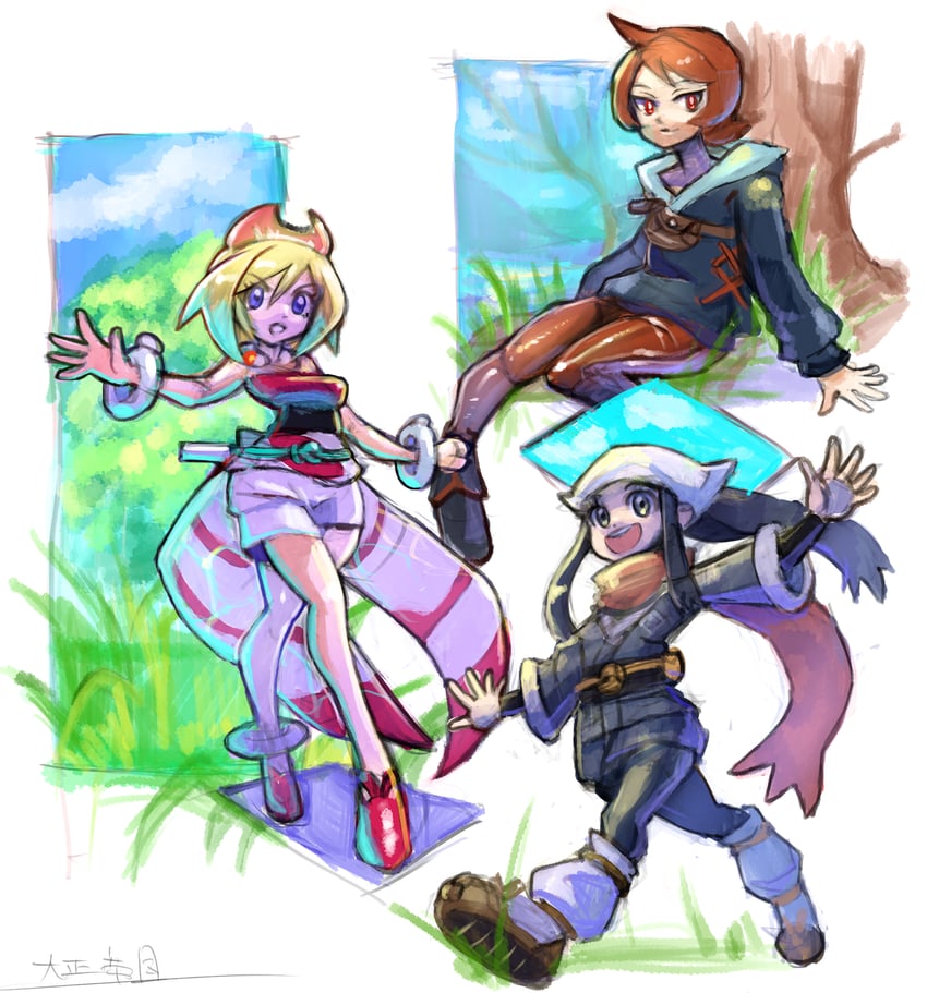 akari, irida, and arezu (pokemon and 1 more) drawn by oomasa_teikoku
