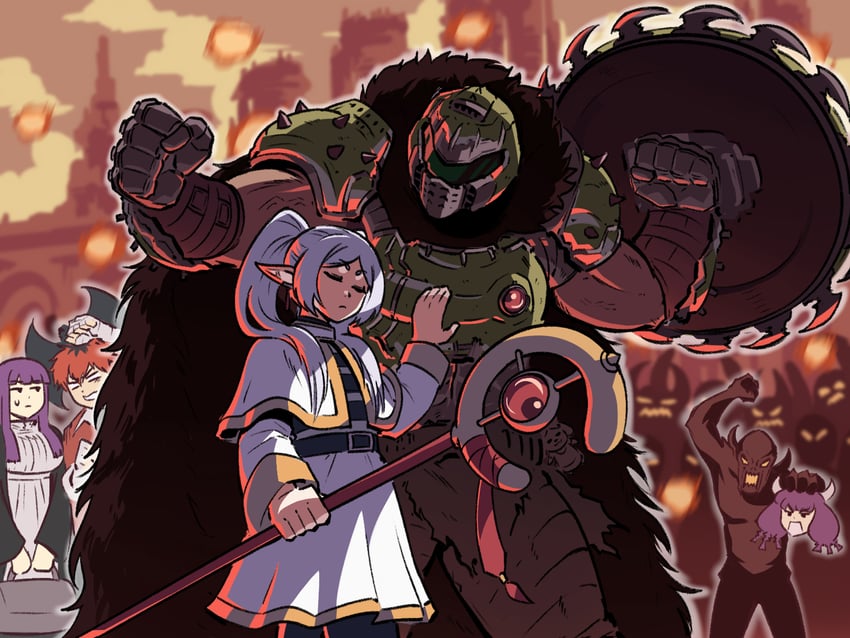 frieren, fern, stark, aura, and doomguy (sousou no frieren and 2 more) drawn by tina_fate