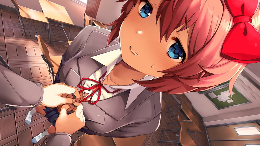 sayori and protagonist (doki doki literature club) drawn by satchely