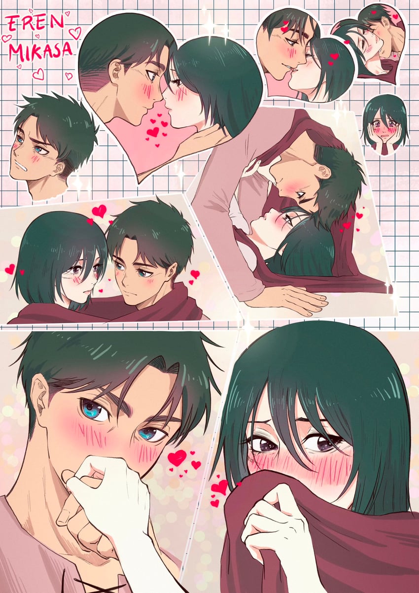 mikasa ackerman and eren yeager (shingeki no kyojin) drawn by hagane_no