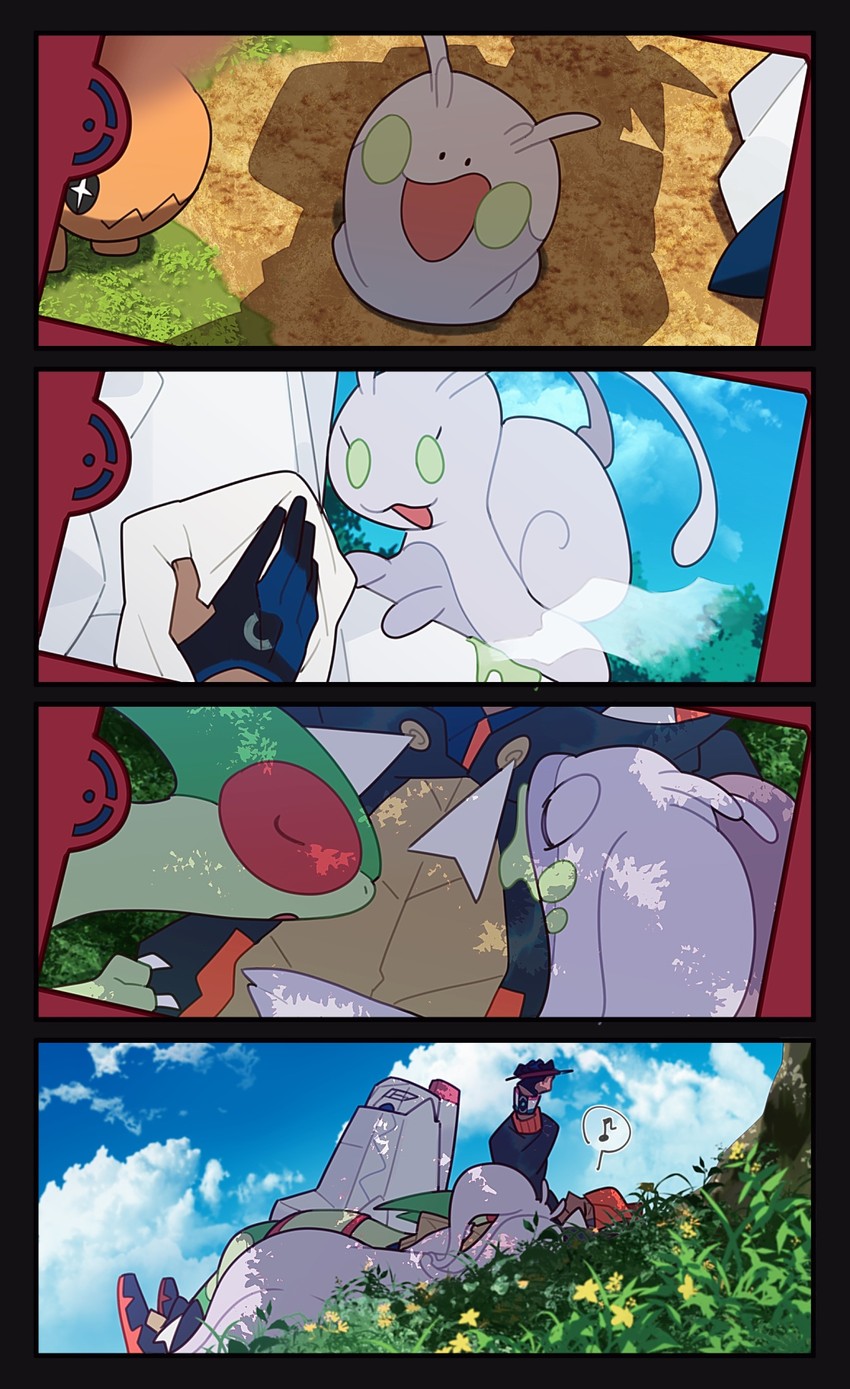 raihan, flygon, goomy, goodra, trapinch, and 2 more (pokemon and 1 more) drawn by shigetake_(buroira)