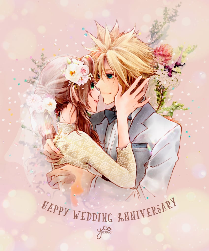 cloud strife and aerith gainsborough (final fantasy and 1 more) drawn by yco_030601