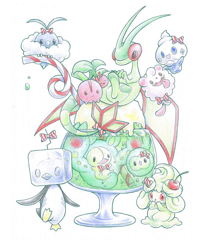 flygon, alcremie, swablu, reuniclus, vanillite, and 3 more (pokemon) drawn by kokyuuki_(6345)