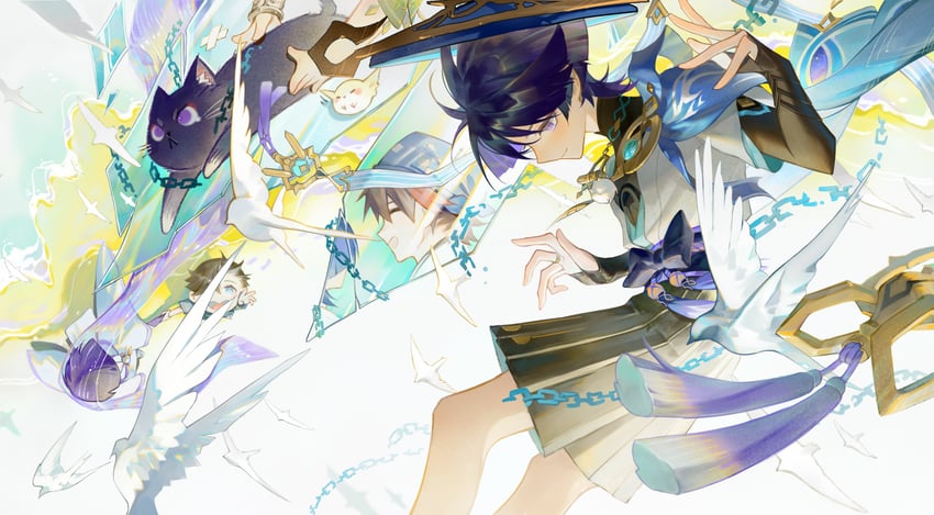 nahida, wanderer, scaramouche, niwa, and scaramouche's sickly friend (genshin impact) drawn by qiao2121