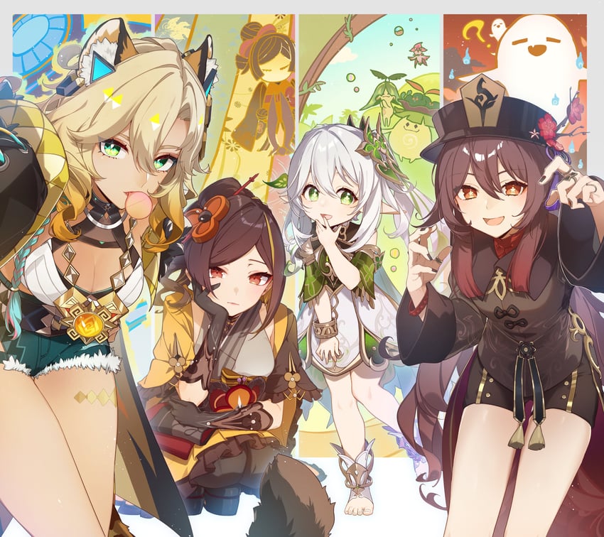 hu tao, nahida, boo tao, aranara, chiori, and 3 more (genshin impact) drawn by aiwo_o_lite