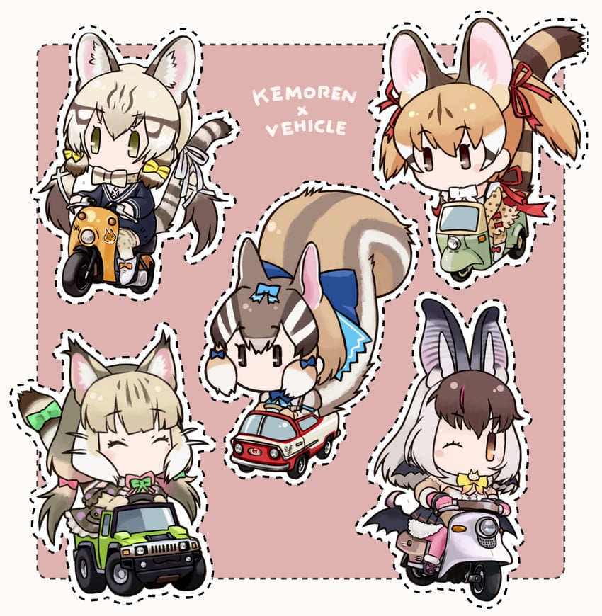 brown long-eared bat, siberian chipmunk, jungle cat, geoffroy's cat, and large-spotted genet (kemono friends and 1 more) drawn by toriny