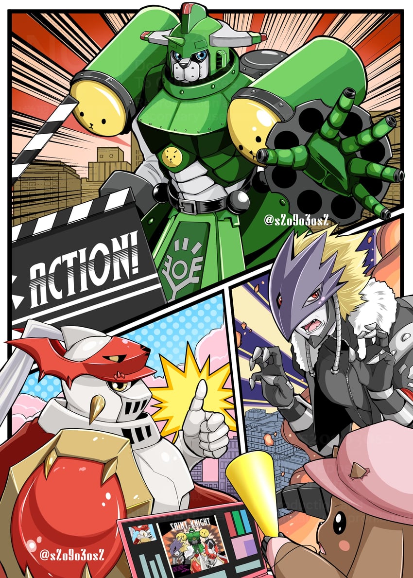 dukemon, beelzebumon, lopmon, and saintgalgomon (digimon) drawn by kumi_(s2o9o3os2)