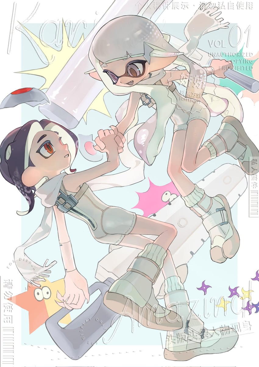 inkling player character, inkling girl, octoling player character, octoling girl, agent 8, and 1 more (splatoon and 2 more) drawn by p-pepper