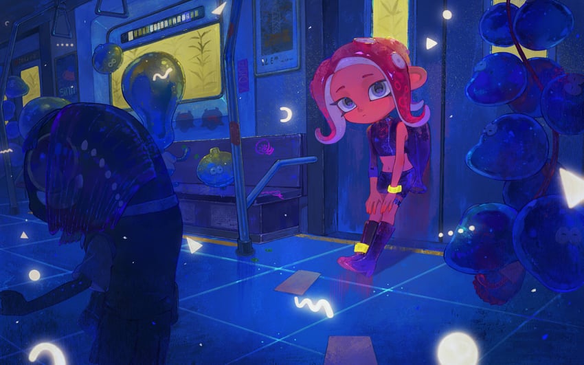 octoling player character, octoling girl, agent 8, and jellyfish (splatoon and 2 more) drawn by dmwggg