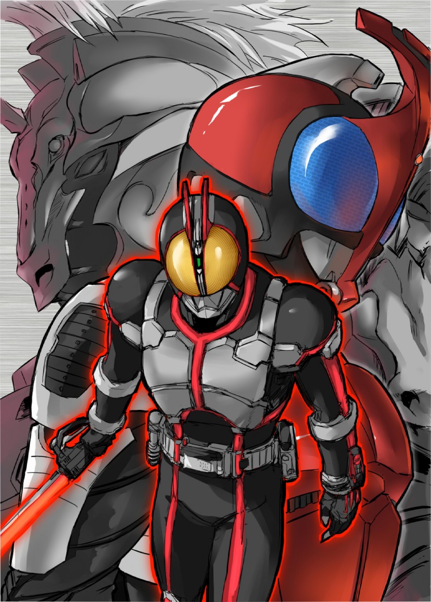 kamen rider faiz, kamen rider kabuto, and horse orphnoch (kamen rider and 2 more) drawn by chichihirosu