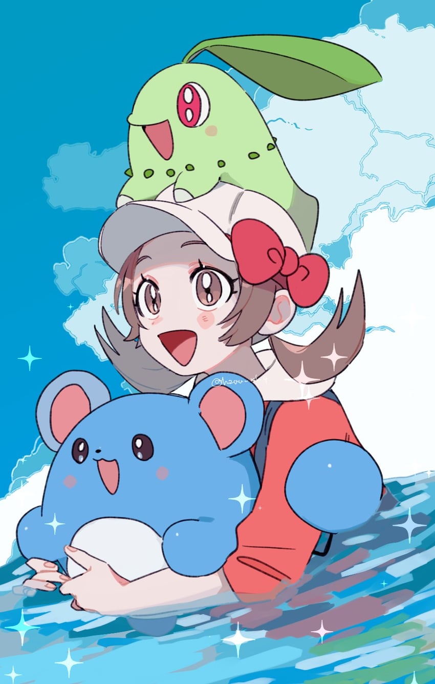 lyra, chikorita, and marill (pokemon and 1 more) drawn by momotose_(hzuu_xh4)