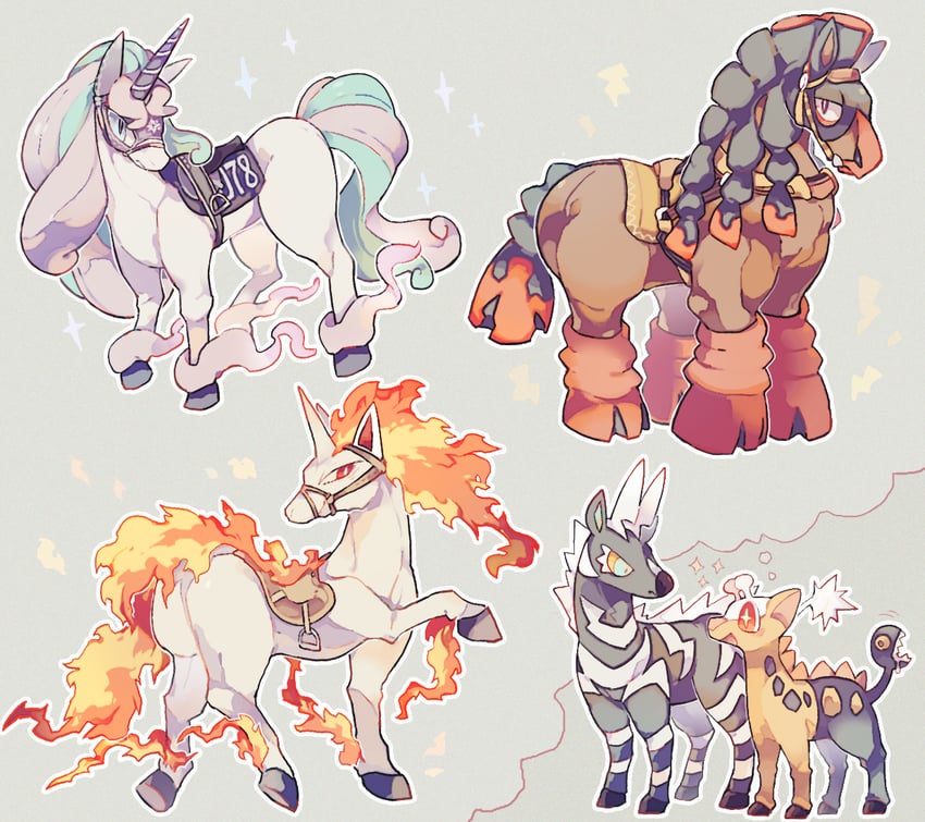 rapidash, zebstrika, galarian rapidash, mudsdale, and girafarig (pokemon) drawn by akadako