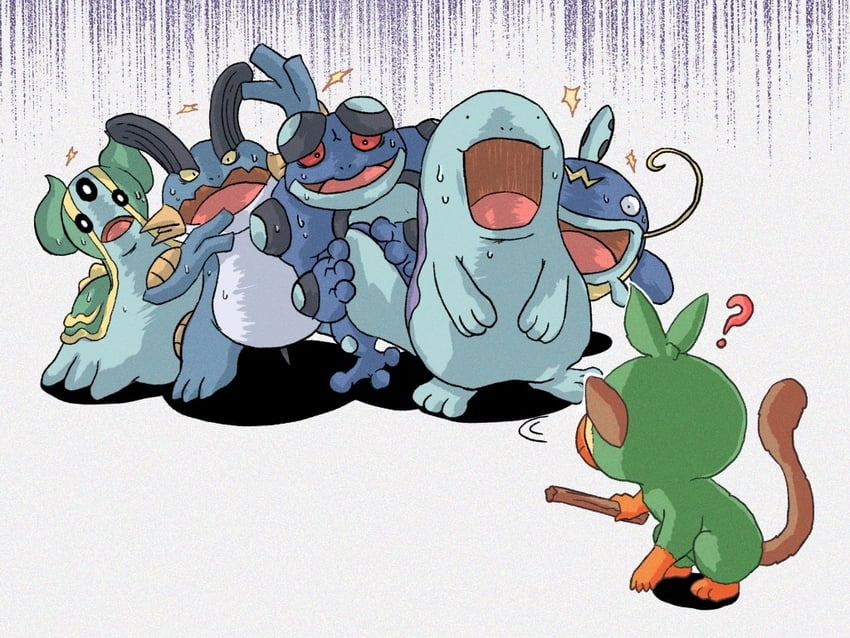 grookey, quagsire, swampert, gastrodon, whiscash, and 1 more (pokemon) drawn by debudebumetabo