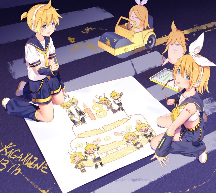 kagamine rin, kagamine len, rin no youchuu, and len no youchuu (vocaloid) drawn by hmniao