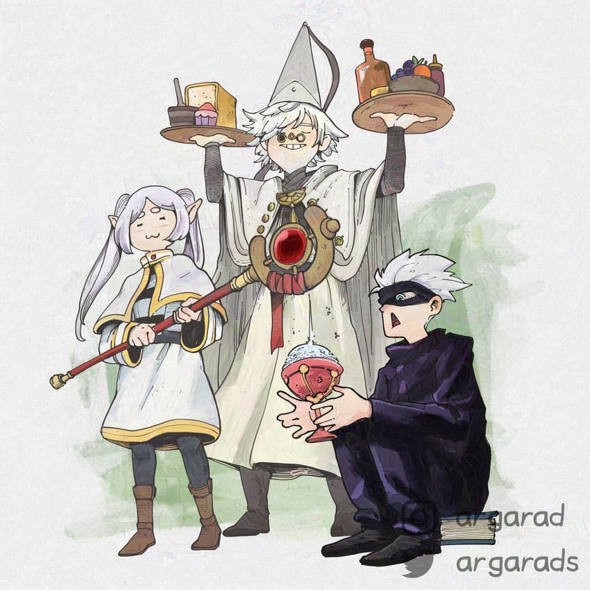 frieren, gojou satoru, and qifrey (sousou no frieren and 2 more) drawn by argarad