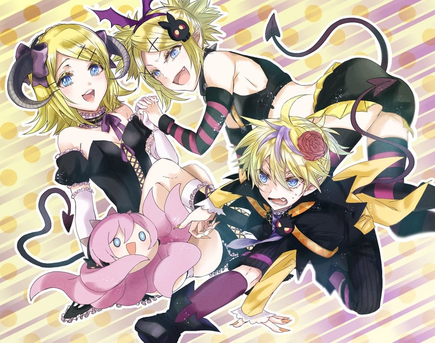 kagamine rin, kagamine len, megurine luka, and takoluka (vocaloid and 2 more) drawn by warabi_(danngo-mitarasi)