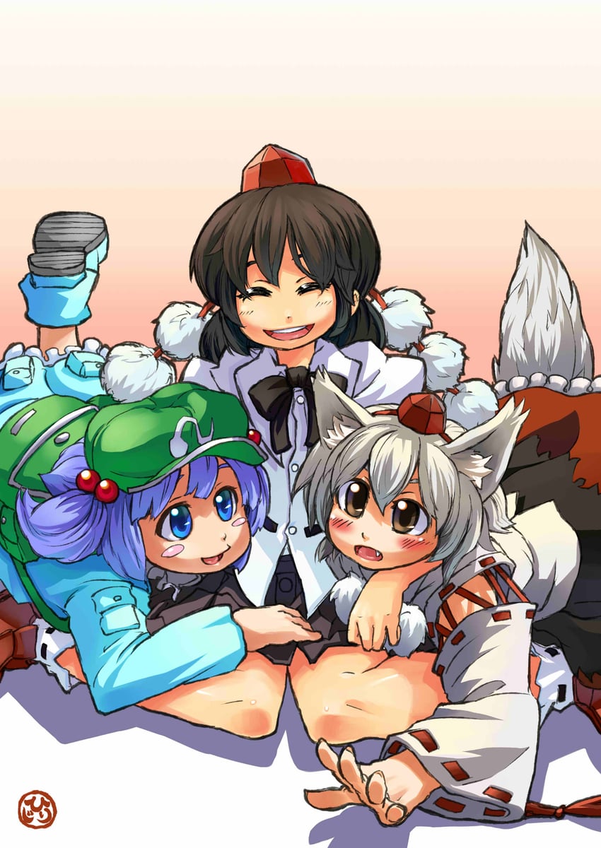 shameimaru aya, inubashiri momiji, and kawashiro nitori (touhou) drawn by hijirisu_(spity)